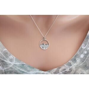 Sterling Silver Mountain Overlook Necklace with Pine Tree Forest Foreground